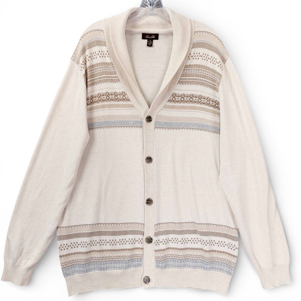 Tasso Elba XL Shawl Collar Cardigan Sweater Fair Isle Knit Neutral Cotton Blend